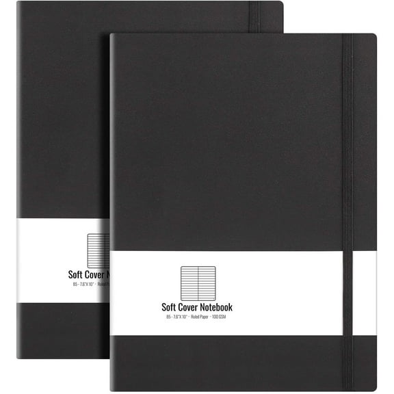 B5 College Ruled Notebook Softcover Journals(2-Pack)- Large Composition Notebook 7.6 x 10 inch with Thick 100gsm Lined Paper, Total 408 Numbered Pages, Black Black