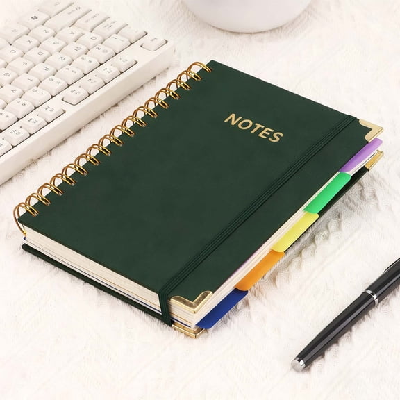 B5 Leather Hardcover 5-Subject Notebook (21x14.5cm) - 300 Pages Lined Journal with Removable Dividers/Tabs, Lay-Flat Work/School Notebook (1 Pack.Green)