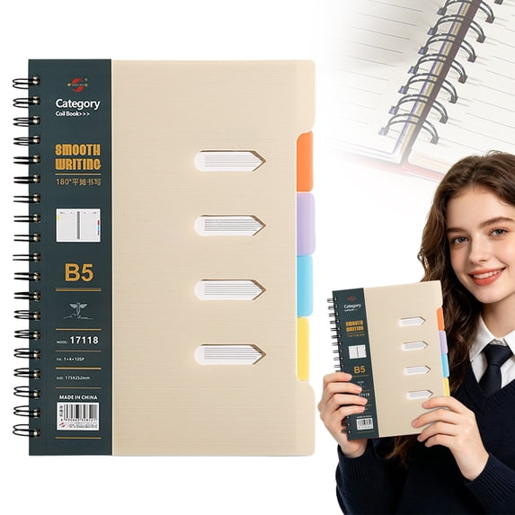 B5 Spiral Notebook with Dividers, Multi Subject 5-Tab Organizer Notebook, 210 Sheets, 180° Lay-Flat Design, Premium Thick Paper Notebook for Note Taking, Work, Writing and Daily Planning, Beige