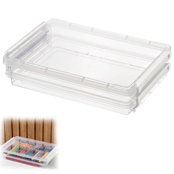 B5 White Organizer Box, Souew 2 Containers + 1 Lid 31.5x21.5cm Plastic Stackable, Spring Organization for Papers, Notebooks & Art Projects, Clear & Stackable