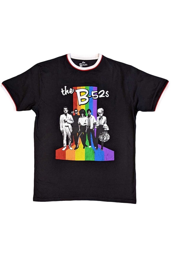 B52s Unisex Ringer T-Shirt: Rainbow Stripes Ringer (Large)