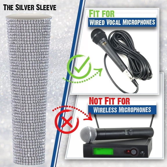 B58 Silver Mic Handle Sleeve Replacement Fit for Most Wired Vocal Microphones and SM58LC, Beta 58A, Rhinestones Cover Shining on Tours & TV Shows (MIC NOT Included)