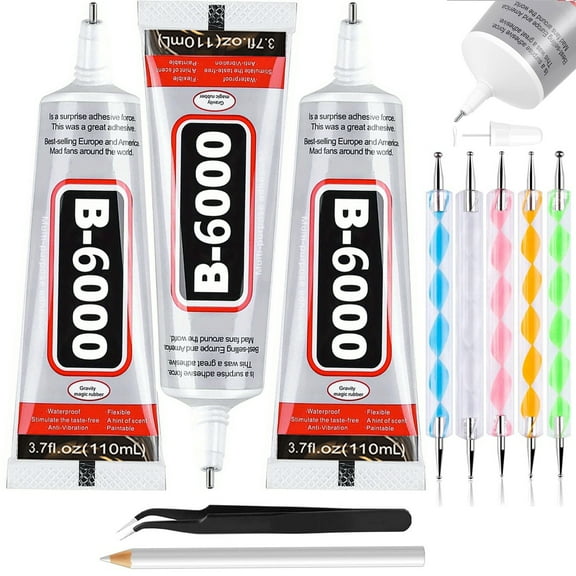 B6000 Adhesive Rhinestones Glue for Crafts, 3PCS 110ml / 3.7 fl oz B6000 Clear Glue with 5 Dotting Pen Tool, Wax Pencil and Tweezer, Jewelry Glue for DIY Craft Makeup Shoes Jewelry Making Nail Art