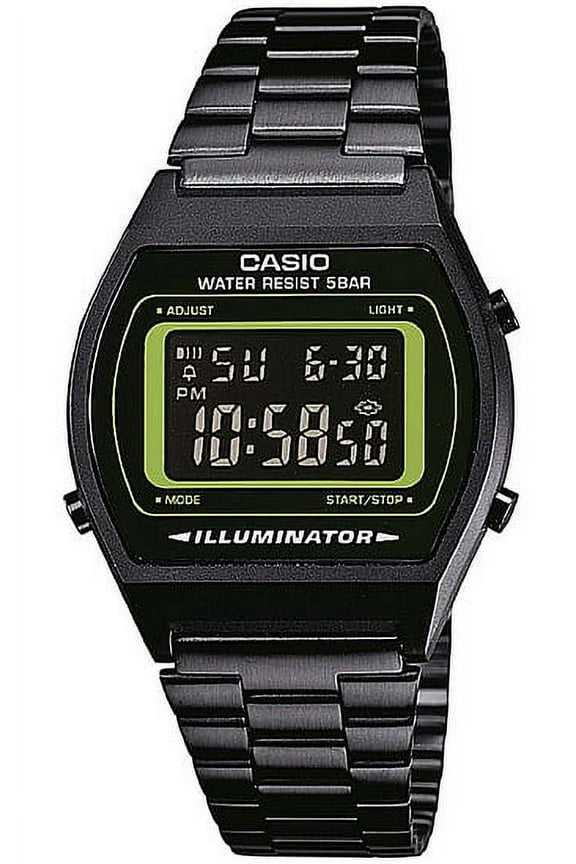 B640WB-3B Retro Digital Watch Jet Black Case & Bracelet w/Green Dial