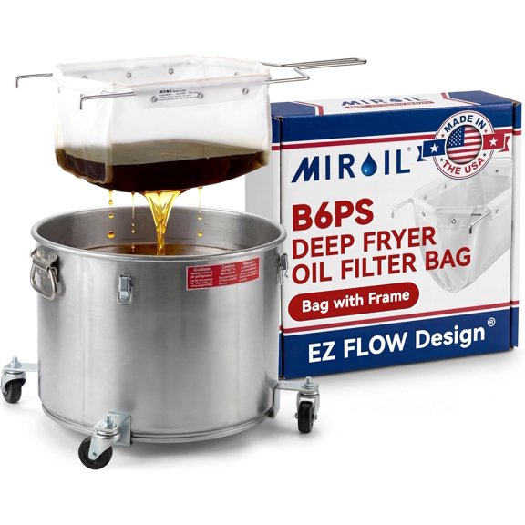 B6PS EZ Flow Deep Fryer Oil Filter Bag w/Frame Reusable Grease Fryer Strainer to Extend Oil Life & Maintain Food Quality Handles Kitchen Hot or Cold Liquid Deep Fryer Filter for Cooking