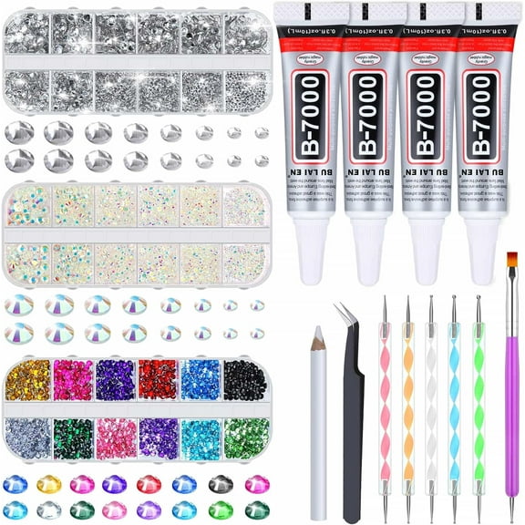 B7000 Jewelry Glue with Rhinestones for Crafts, 6300Pcs Rhinestones with Gems Adhesive for Shoes Cloth Fabric with Picker Pencil for Crafting Diamond Art Graduation Cap Decorations