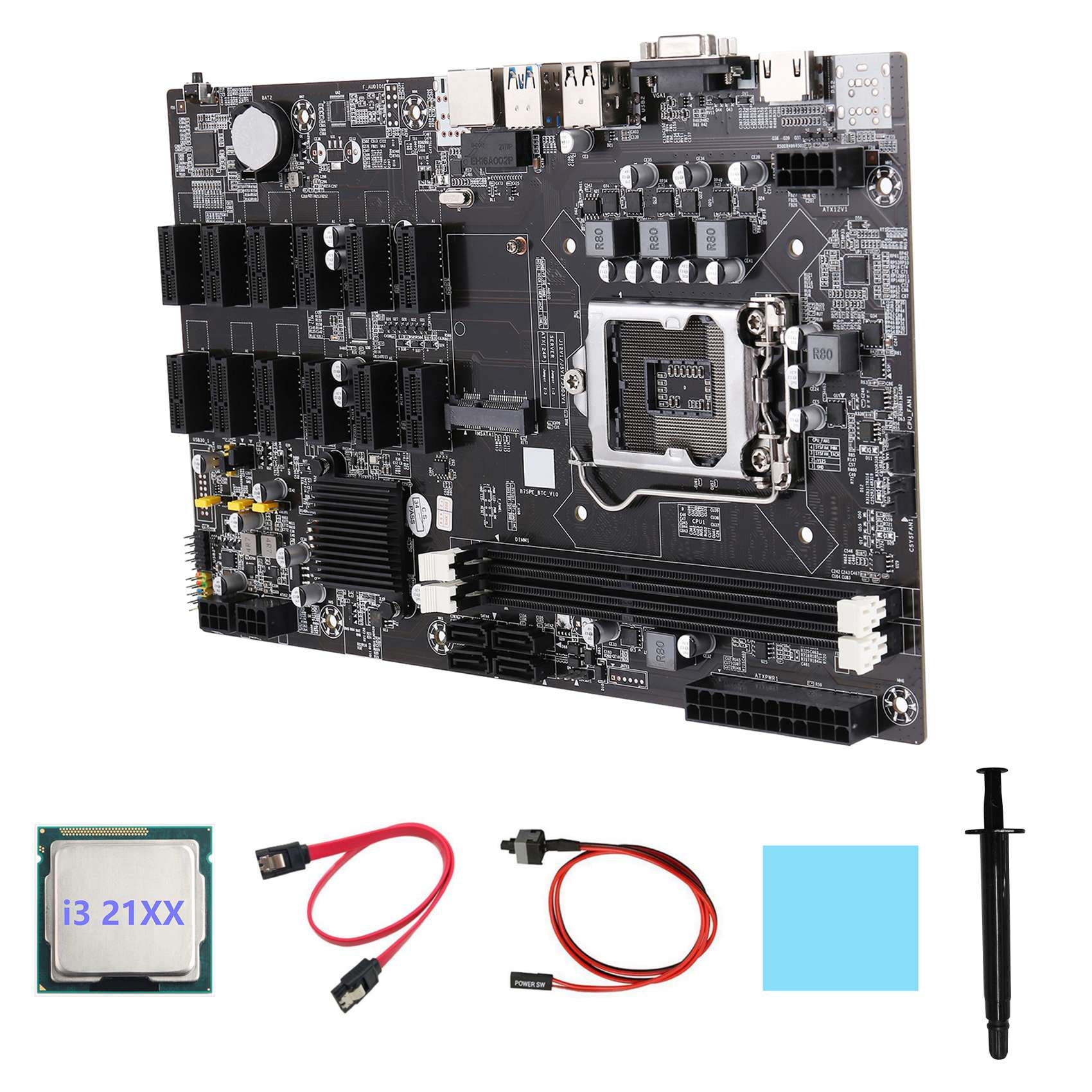 B75 12 PCIE ETH Mining Motherboard+I3 21XX CPU+SATA Cable+Switch Cable