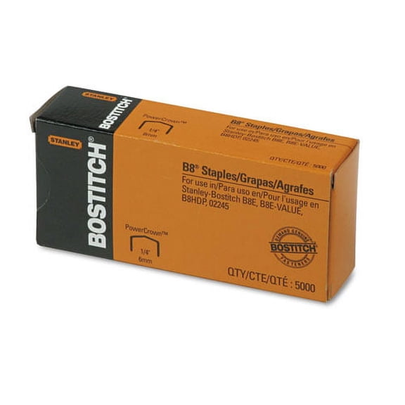 "B8 Powercrown Premium Staples, 0.25"" Leg, 0.5"" Crown, Steel, 5,000/box | Bundle of 2 Boxes"