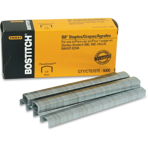 "B8 Powercrown Premium Staples, 0.25"" Leg, 0.5"" Crown, Steel, 5,000/box | Bundle of 5 Boxes"