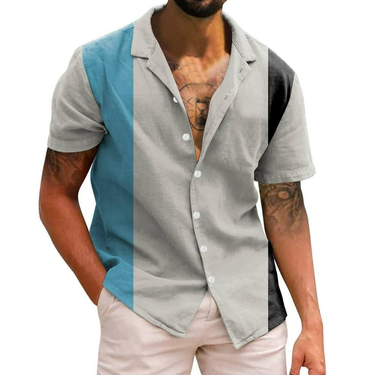 B91Xz Big And Tall Shirts for Men Men Casual Short Sleeve Spring Summer  Turndown Neck 3D Printed Shirts Fashion Top Blouse Blue,Size XXL 