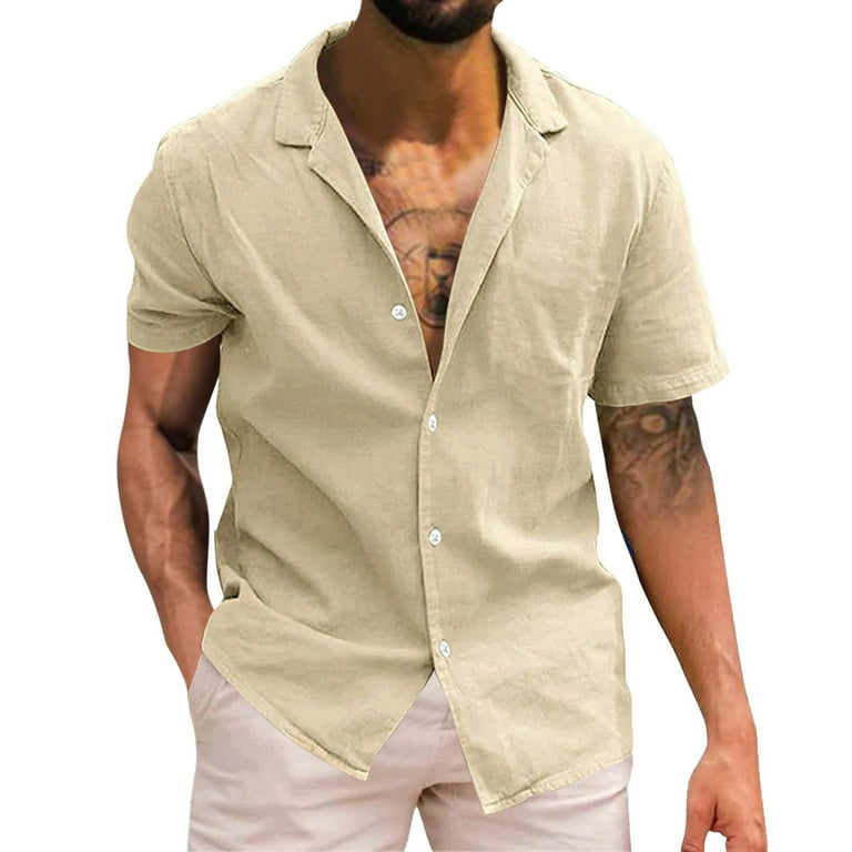 B91Xz Big And Tall Shirts for Men Mens Solid Short Sleeve Shirt Button  Cotton Linen Shirt Khaki,Size L 