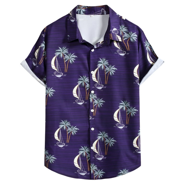B91Xz Linen Shirts for Men Mens Print Seaside Beach Lapel Button T