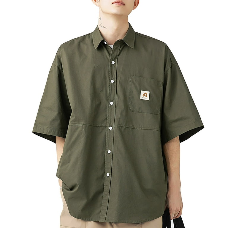 B91Xz Mens Dress Shirts Workwear Short Sleeved Shirt Men's Spring And  Summer New Loose Cotton Pocket Shirt Men's Shirt Green,Size XXL