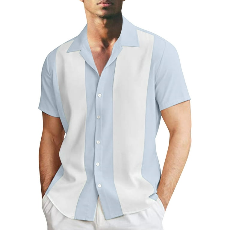 B91Xz Mens Shirts Mens Fashion And Leisure Color Matching Lapel Button Half  Sleeve Shirt T Shirt Short Sleeve Shirt Light Blue,Size XXL 