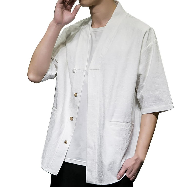 B91Xz Work Shirts for Men Retro Collar Cotton Short Sleeved T Shirt Men's  Tang Clothing Plate Buckle Casual Hanfu Men's White,Size 3XL 