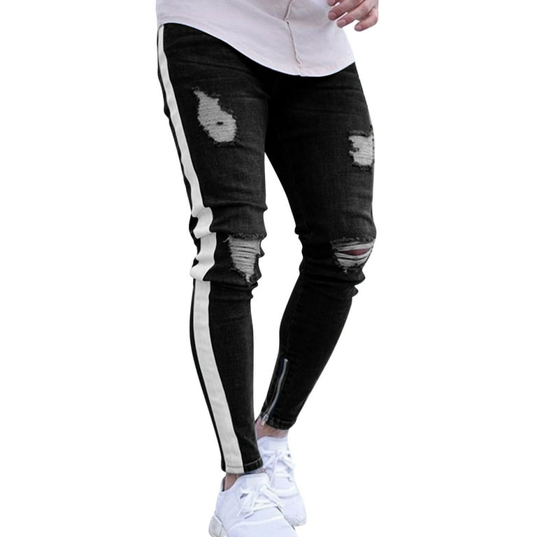 B91xZ Baggy Jeans for Men Men's Casual Pant Leg Zipper Stripe