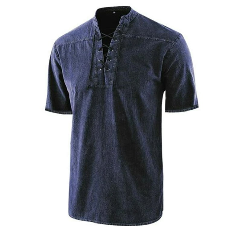 B91xZ Big And Tall Shirts for Men Lace up T Shirt V Neck Gothic Short  Vintage Men's Tie Sleeve Men Shirts Mens Shirts Navy,Size 3XL 