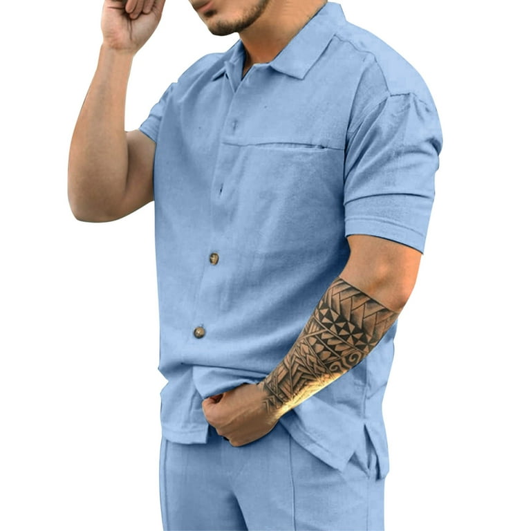 B91xZ Big And Tall Shirts for Men Men Summer Casual Button Down Lapel Solid  Shirt with Pocket Mens Shirts Blue,Size M 