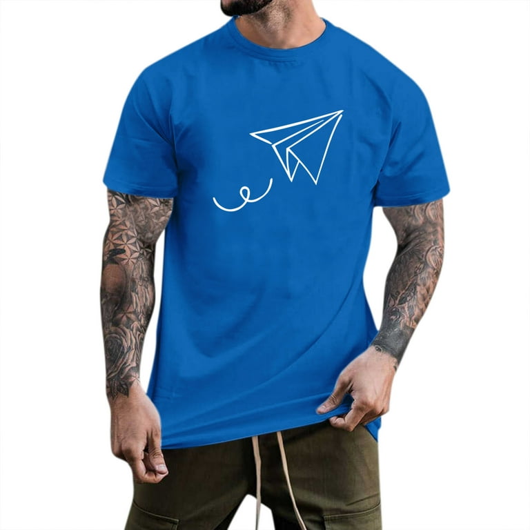 B91xZ Classic Short Sleeve Shirts for Men Plus Size Short-Sleeve Scoopneck  Tee,Blue L