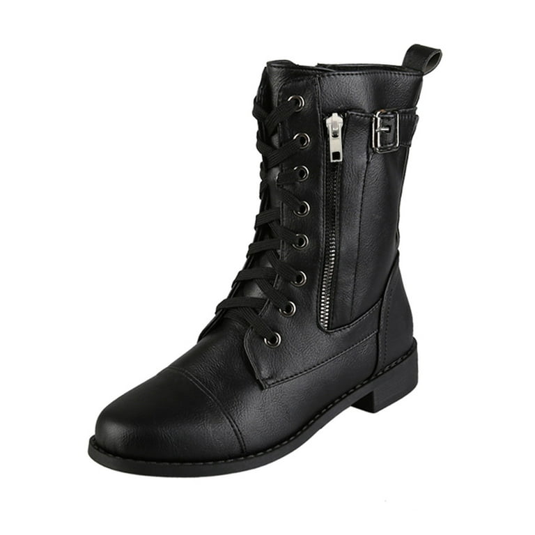 ●BLACK BALLED B91xZ Combat Boots Womens Fashion Low Heel Zipper Slouchy