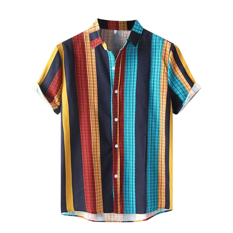B91xZ Dress Shirts for Men Print Button Men's Casual Sleeve Stripe  Turn-Down Short Fashionn Shirt Check Men Shirts Blue,Size XL 