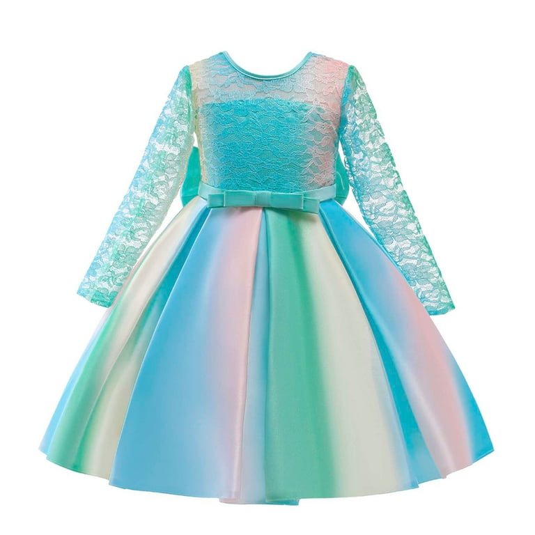 B91xZ Dress Up Clothes For Little Girls Child Girls Bowknot Multicolor Pageant Dress Birthday Party Kids Lace Rainbow Gown Girls Size 6 Easter Dress