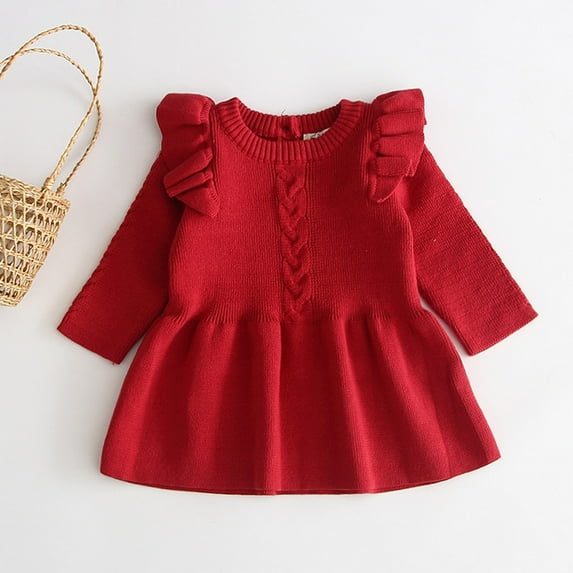 B91xZ Girl's Long Sleeve Dresses Warm Sweater Dress Knit Crochet Dresses Clothes (Red, 12-18 Months)
