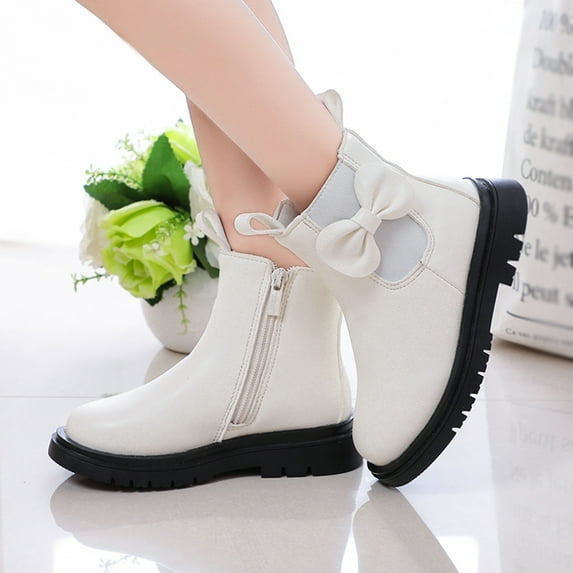B91xZ Girls Ankle Boots Shoes Leather Short Boots Non Slip Breathable Boots (White, 11.5 Little Child)