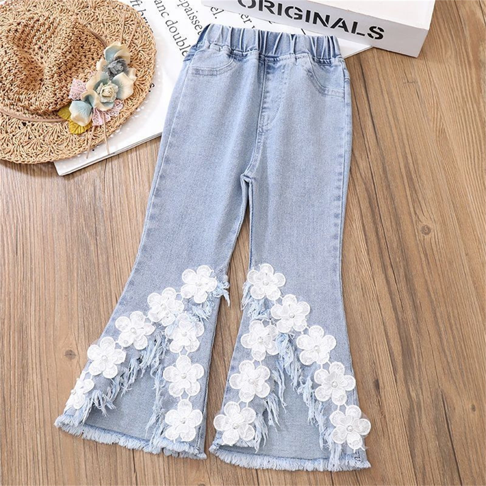 B91xZ Girls Jeans for Kids Print Pants Baby Girls Trousers Ruffles Lace  Jeans for Kids 3 To 12 Years (Gray, 4-5 Years)