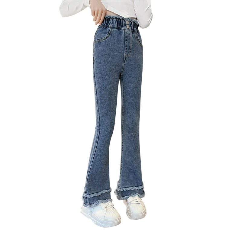 B91xZ Girls Jeans for Kids Waist Flare Leg Pants Casual Long Bell Bottom  Jeans Trousers (Blue, 10-12 Years)
