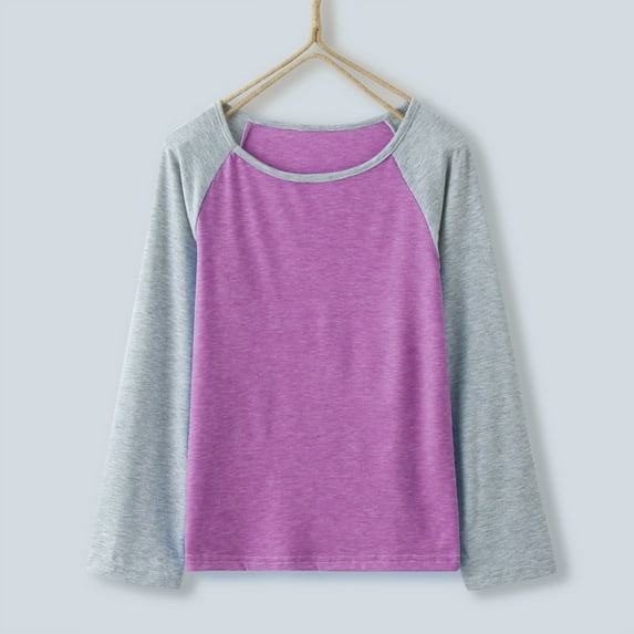 B91xZ Girls T-Shirt Casual Long Sleeve Raglan Sleeve T Shirts Crewneck Tunic Tops Kids Teen Color Block (Purple, 4-5 Years)