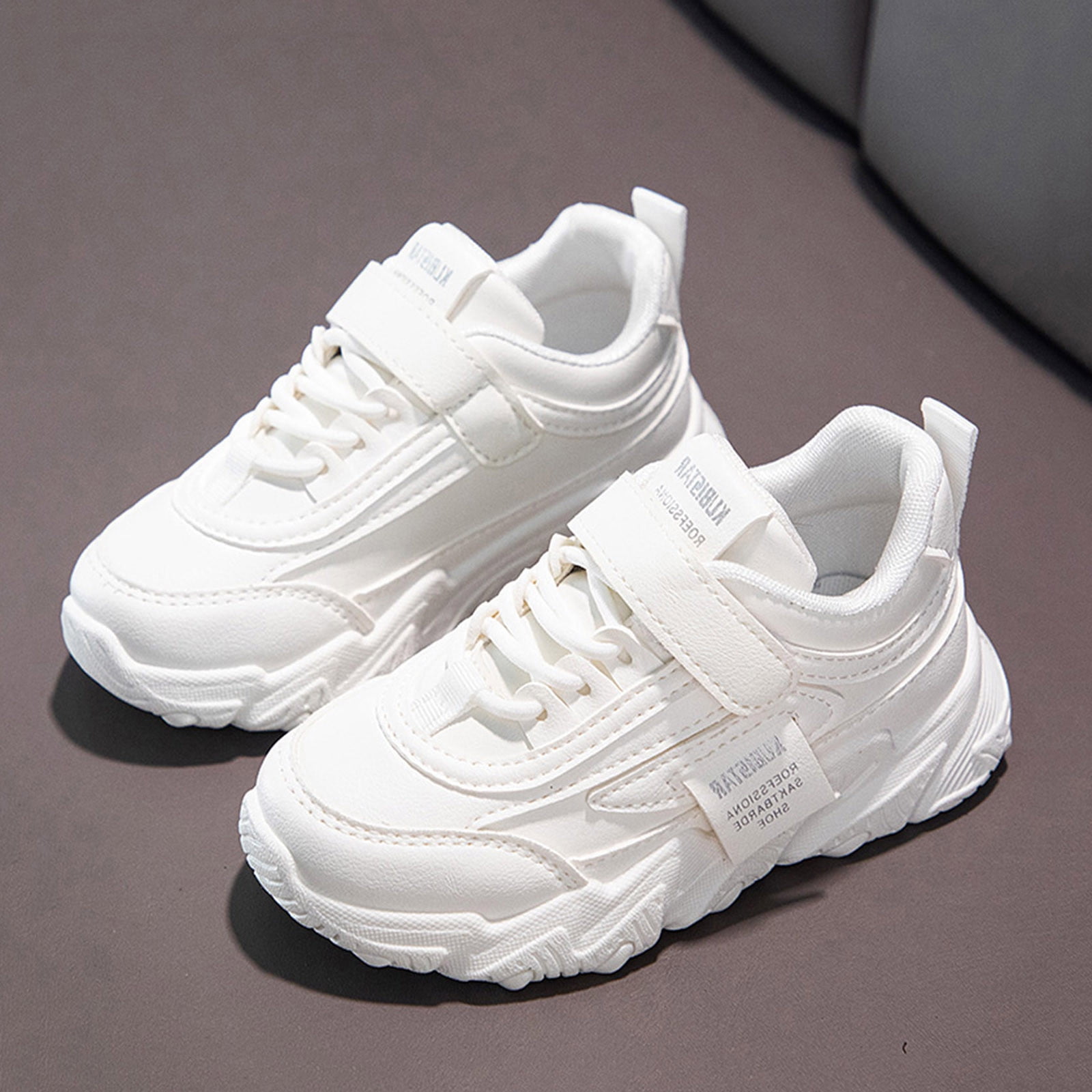 B91xZ Kids Fashion Sneaker Children Sports Shoes Girls Flat Sole Thick Sole Non Slip Light Lace Up Hook Loop Solid Color White 2.5 Big Kids