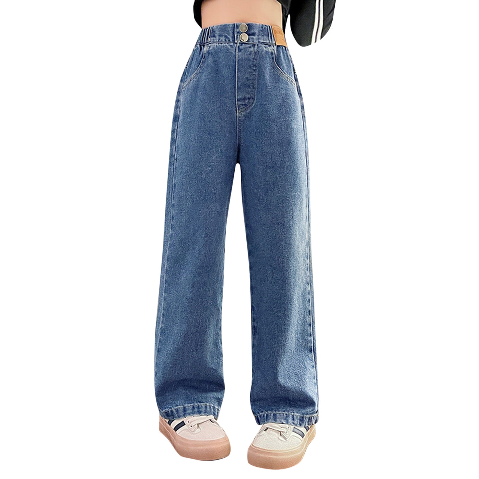 Maxcozy Kids Girls Elastic Waist Wide-Leg Denim Pants Trousers Bottoms High  Waist Jeans 6-7 Years 