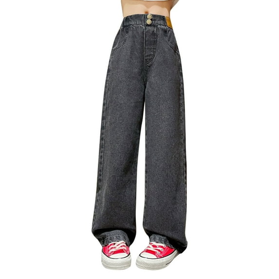 B91xZ Kids Girls Jeans Elastic Waist Flare Leg Pants Casual Long Wide Leg Pants Jeans Trousers (Gray, 10-12 Years)