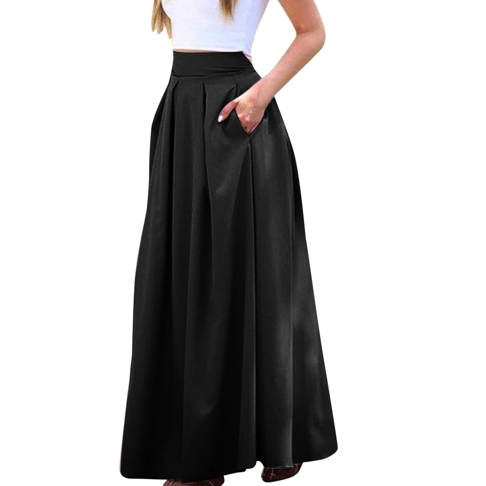 【iiort】Maxi Skirt Black B91xZ Maxi Skirts for Women High Waist Pleated Skirt Midi