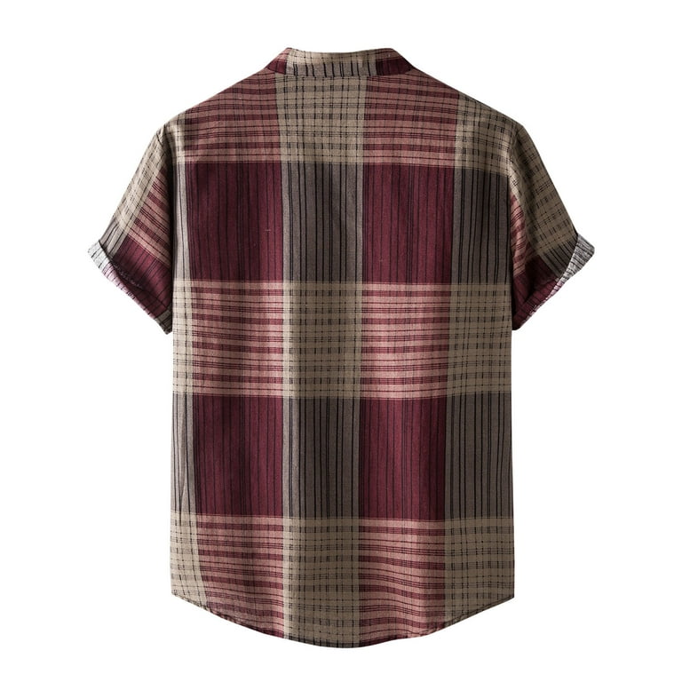 B91xZ Men's Dress Shirts Button Fashionn Neck Short Men's Sleeve Casual  Turn-Down Shirt Stripe Print Stand Men Shirts Red,Size S 