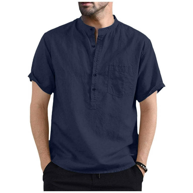 B91xZ Men's Dress Shirts with Pocket Stand-up Shirt Collar Short-Sleeved  Men's Casual Men Shirts Navy,Size XL 