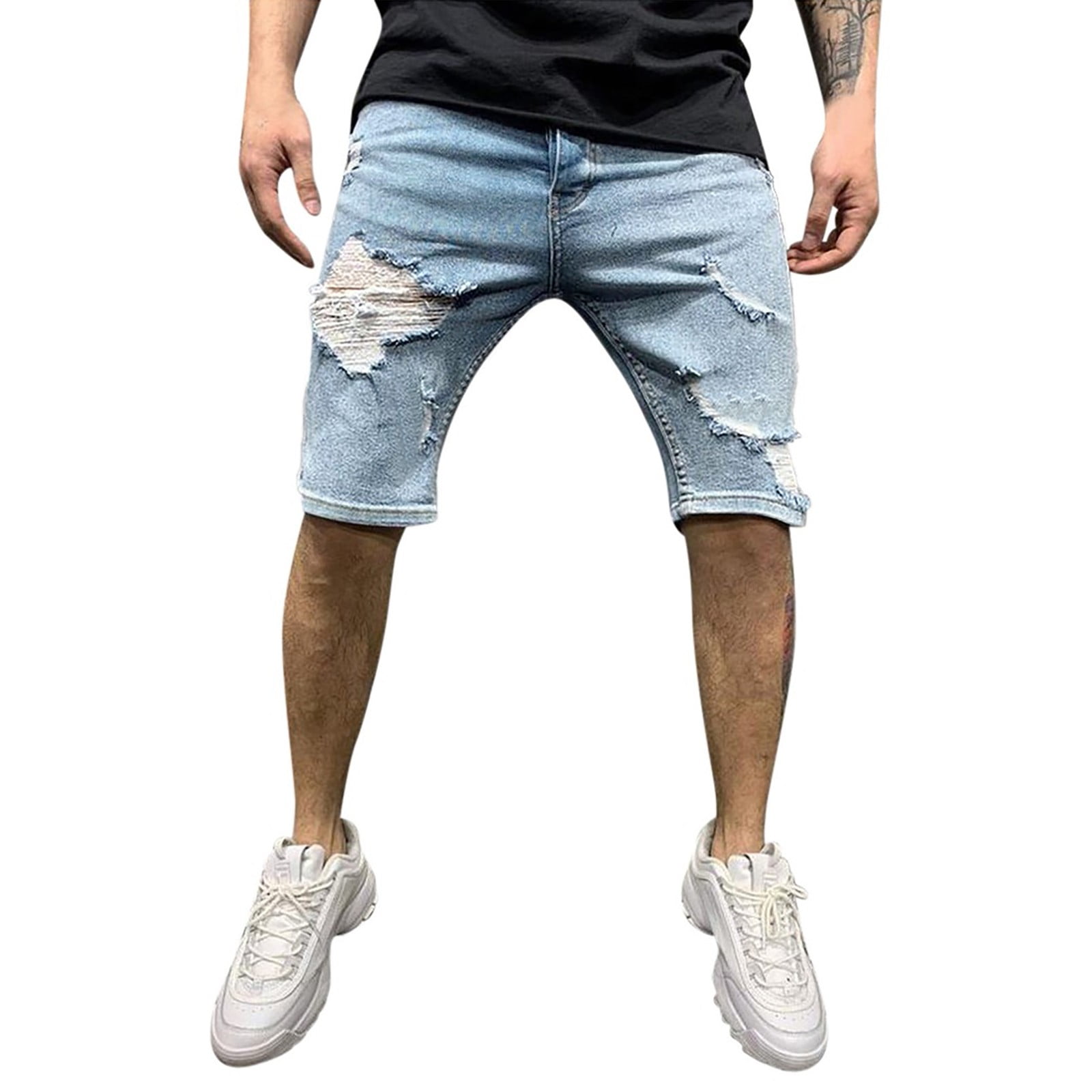 B91xZ Men's Fashion Ripped Short Jeans Baggy Jeans Loose Fit Patchwork
