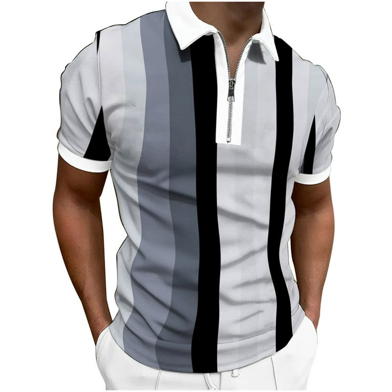 B91xZ Men's Polo Shirts Mens Spring And Summer Fashion Lapel Zipper Short  Sleeve Printed T Shirt Shirt Top Grey,M 