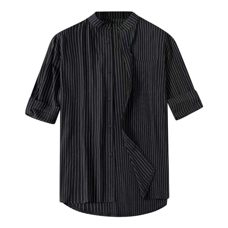 B91xZ Mens Dress Shirts Male Casual Striped Roll Up Sleeve Shirt