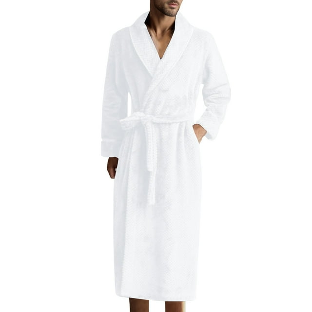 B91xZ Mens Hooded Robe Plush Fluffy Bathrobe for Men, Long Spa Robe with Shawl Collar,White M