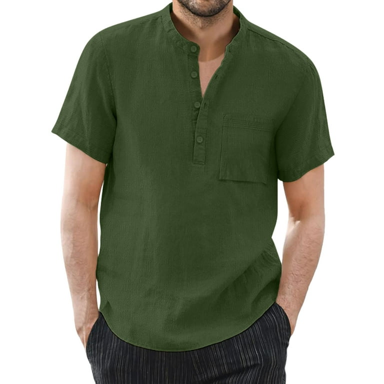B91xZ Mens Shirts Men Spring and Summer Solid Top Shirt Casual Cotton Linen  Stand Collar Top Plus Size Vacation Short Sleeve Mens Shirts Green,Size XL  