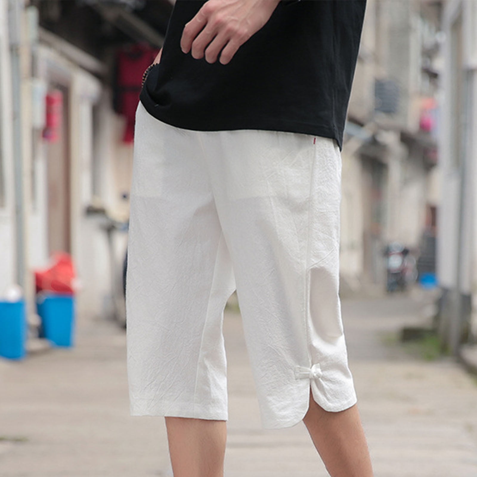 B91xZ Mens Shorts Men'S Slim Straight Cotton Linen Seven Pants