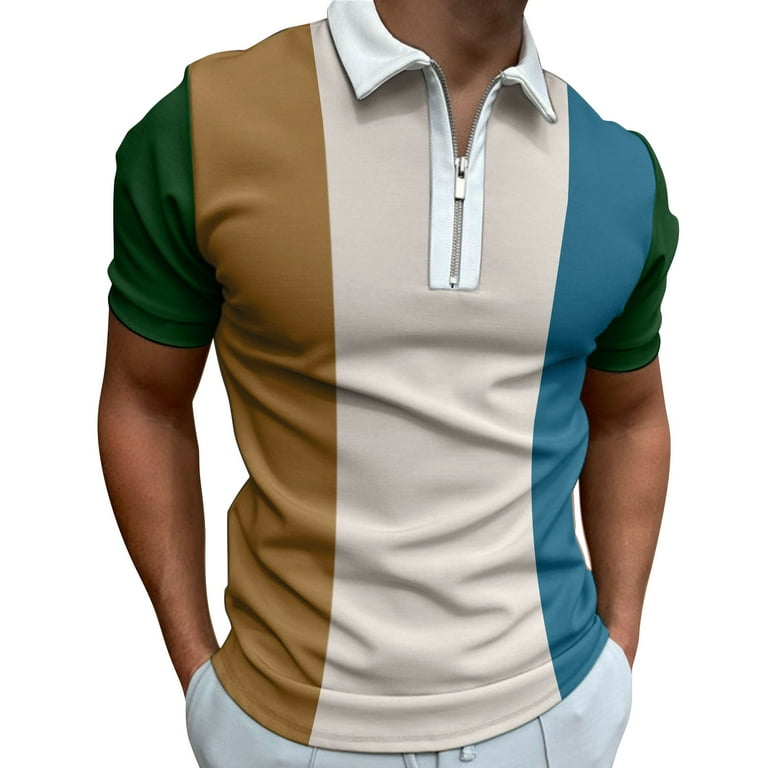 B91xZ Mens Workout Shirts Men's Shirt Summer Outfits Casual Zipper Up Color  Block Short Sleeve Shirt Suit For Pocket T Shirts Polo Shirts For Men XXL 
