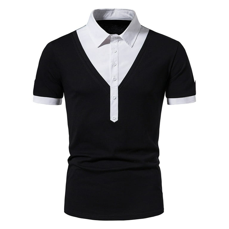 B91xZ Mens Workout Shirts Summer Men's Rigid Collar Casual Pure Color  Fashion Short Sleeve Tops Shirt Pack Men Polo Shirts For Men Black M 