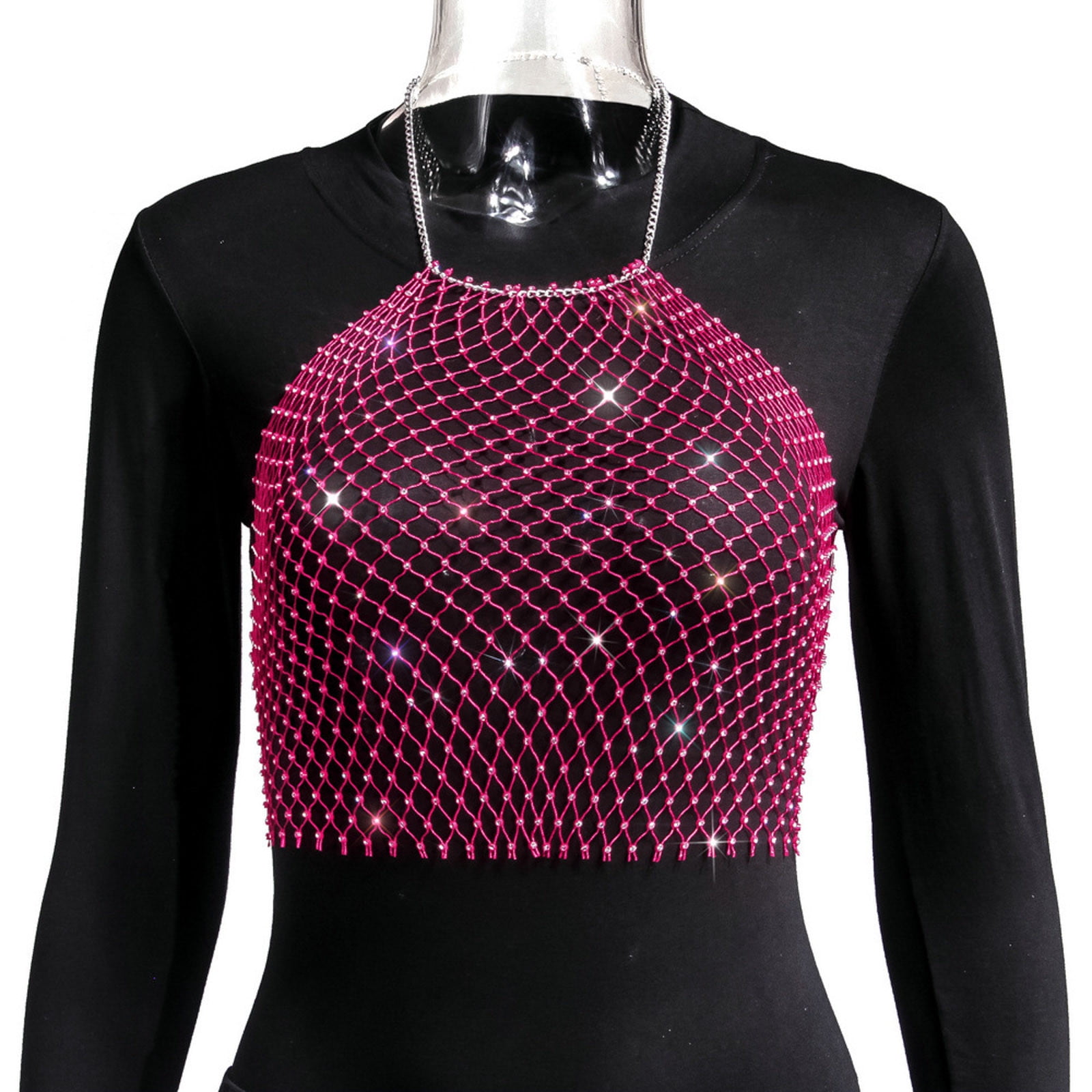 B91xZ Plus Size Tops Ladies Shiny Rhinestone Thigh Chain Club Bra