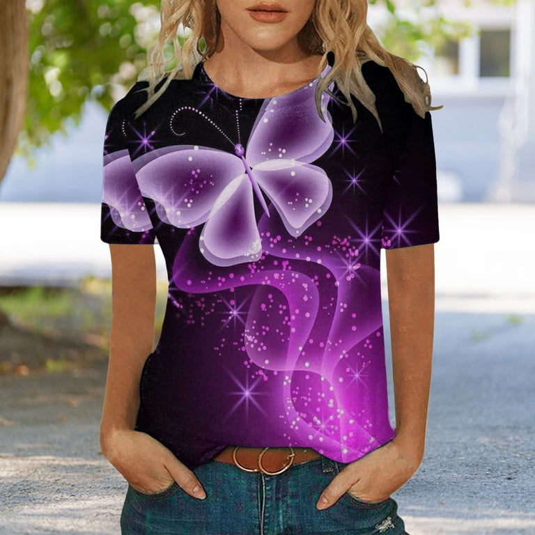 B91xZ Shirts For Women Womens Casual Fashion Printed Pattern Short Sleeve  Round Neck TShirt Top Purple,L