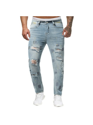 Frehsky jeans for men ripped jeans Mens Fashion Casual Straight Hole Buckle  Zipper Denim Long Pants Trousers Light Blue 