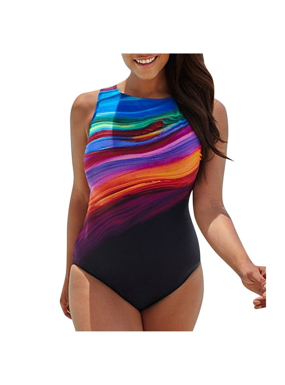 B91xZ Swimsuits for All Women's Plus Size High-Neck One Piece Bathing Suits,Multicolor L