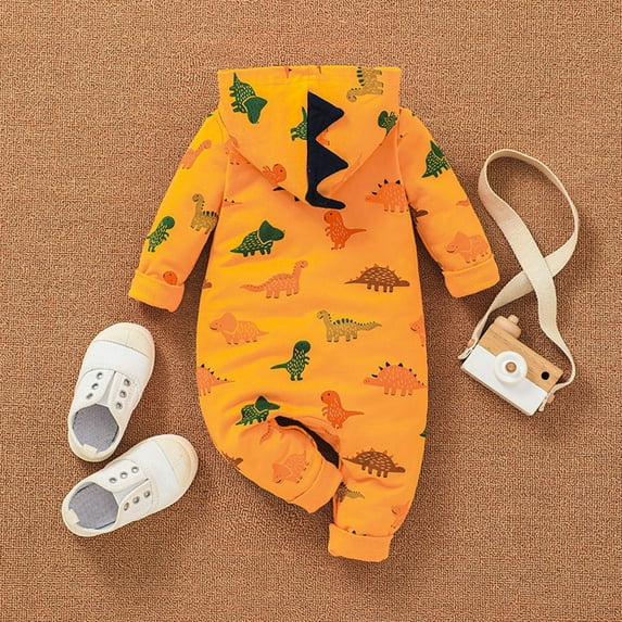 B91xZ Toddler Baby Girl Clothes Boys Romper Jumpsuit Printed Sleeve Long Dinosaur Girls (Yellow, 18-24 Months)